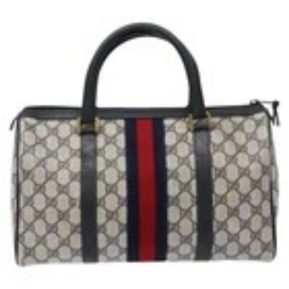 GUCCI GG Supreme Sherry Line Boston Bag PVC Navy Red gold Auth 138290 - Picture 2 of 16